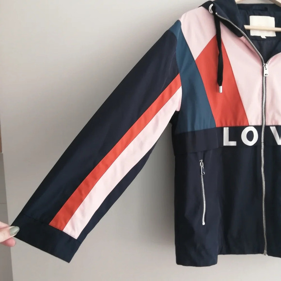 Maje Blima Colour Blocked Love Logo-Print Windproof Navy Zip Jacket 36 or Small - Picture 7 of 16